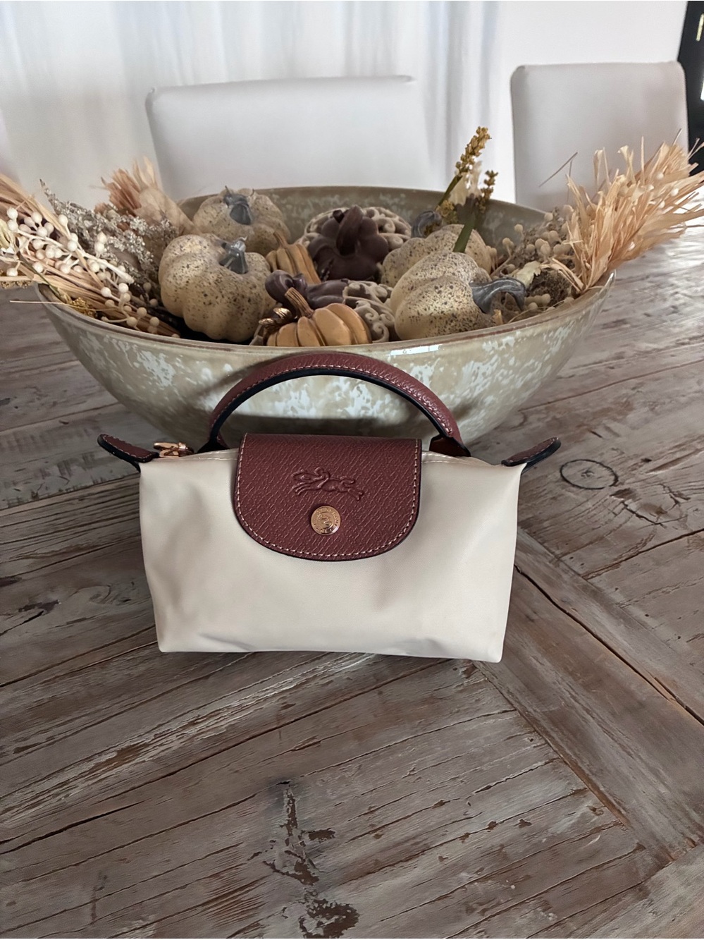 Longchamp Small Cream Nylon Cosmetic Case with Brown Leather Trim